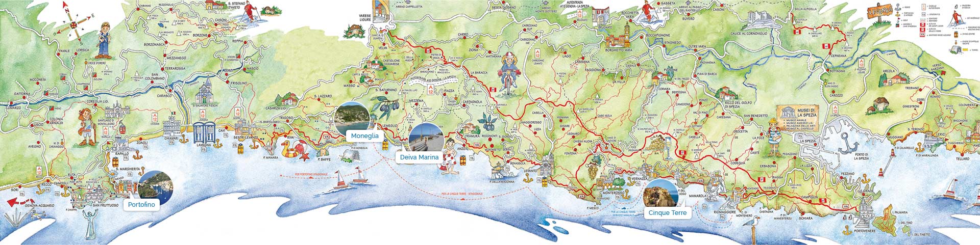 Mappa dove sono segnate le locazioni di Portofino, Moneglia, Deiva Marina e le Cinque Terre